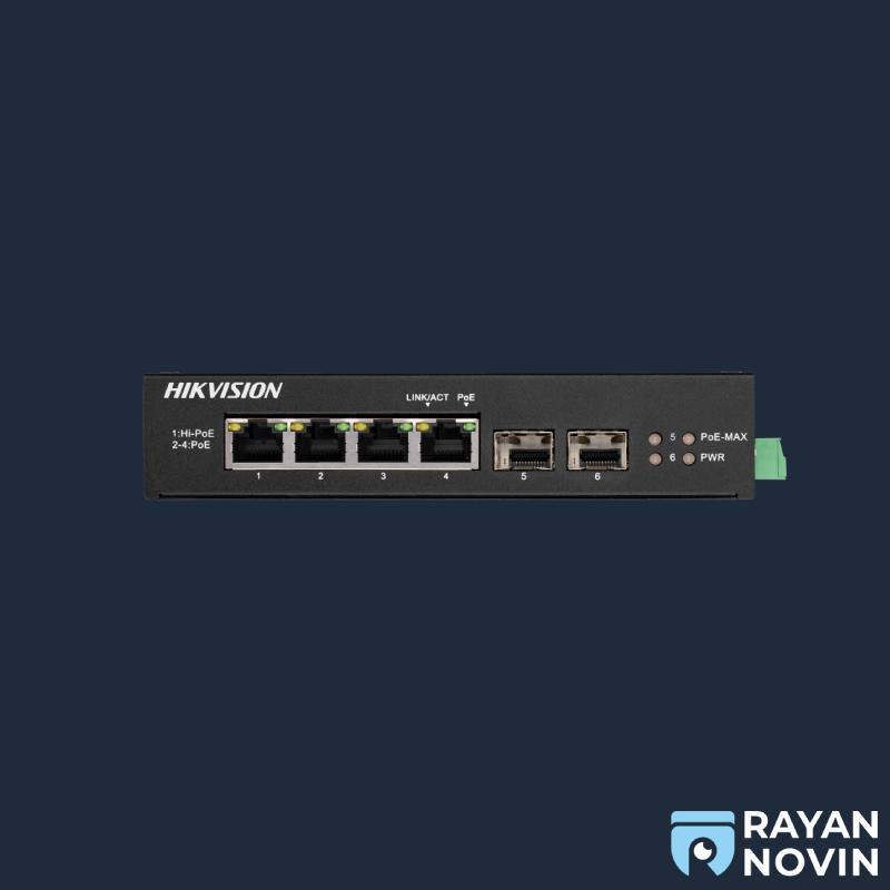 سوئیچ شبکه 4 پورت گیگ poe با فیبرنوری هایک ویژن مدل DS-3T0506HP-E/HS